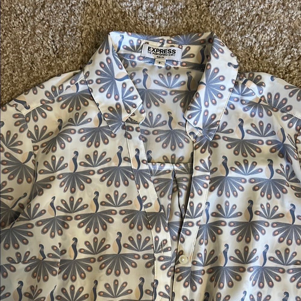 Express Gray and White Button Down Shirt with Tropical Pattern